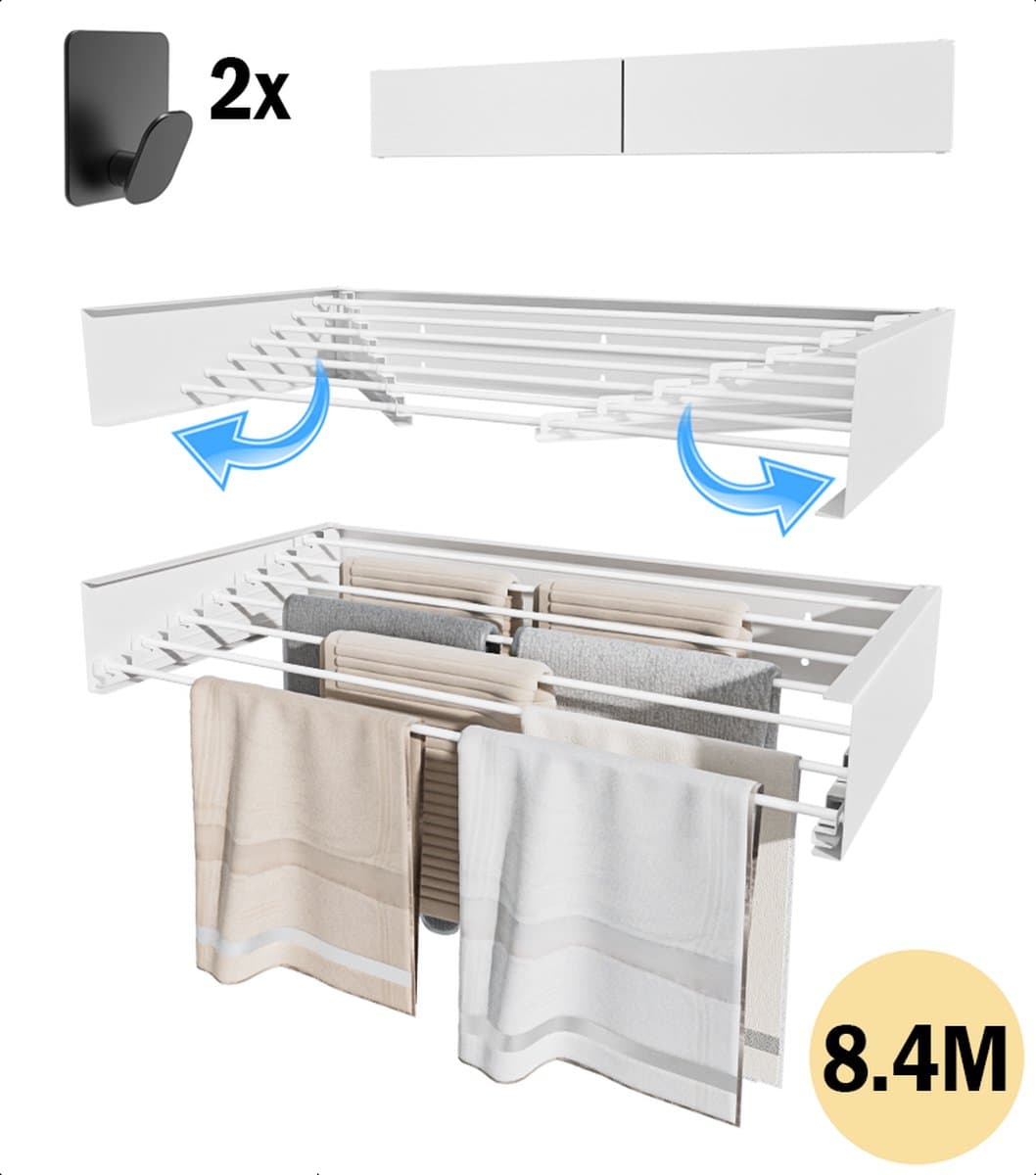 PLAY IT Wanddroogrek 120cm Inklapbaar XXXL Wit - 8.4 Meter Drooglengte + 2 Handdoek Haakjes — afbeelding 1