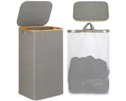 Wasmand Wasmand Met Deksel – 100L Grote Opslagcapaciteit – Opvouwbare Waszak Van Oxford Stof – Bamboe Wasbox Met Handgreep – Met Uitneembare & Wasbare Binnenzak – Grijs/Zwart – Voor Slaapkamer, Badkamer & Wasruimte