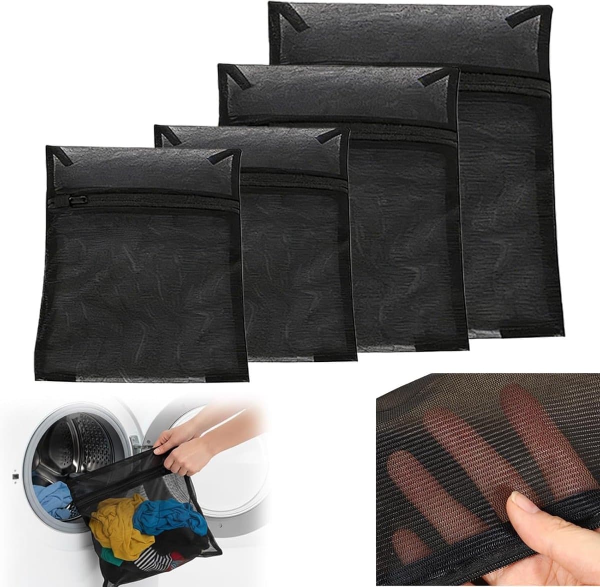 Set van 4 fijne waszakken met rits voor delicate kleding - Bescherming tijdens het wassen, 30x40cm, 40x50cm, 50x60cm, ideaal voor thuis en op reis — afbeelding 1