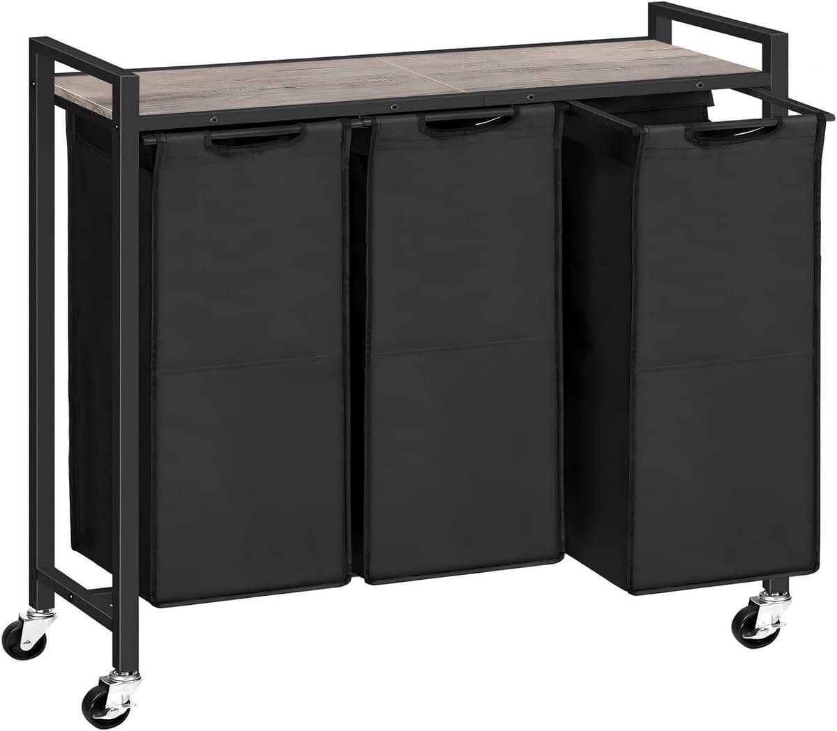 Wasmand met 3 uittrekbare oxfordzakken, legplank, metalen frame en wieltjes, Grijs 84x30x76,5cm, verrijdbaar voor badkamer en slaapkamer — afbeelding 1