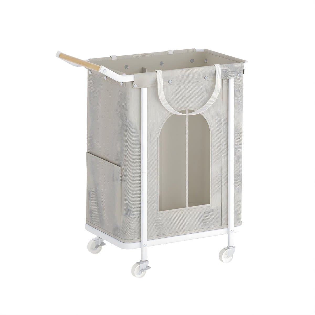 Waskorf – Voor Woonkamer & Badkamer – Rollende Waskorf met 2 Compartimenten en Afneembare Hangzak – Beige — afbeelding 1