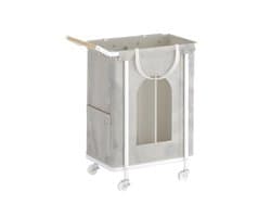 Waskorf – Voor Woonkamer & Badkamer – Rollende Waskorf met 2 Compartimenten en Afneembare Hangzak – Beige