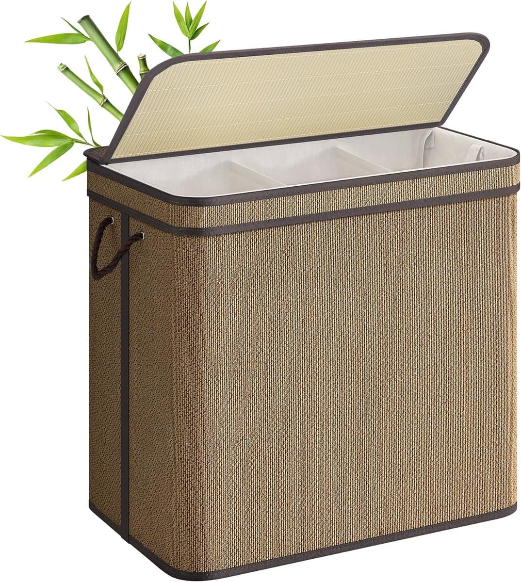 SONGMICS 3-delige wasmand met deksel, (170 L) Grote wasmand met 3 verwijderbare machinewasbare stoffen zakken, bamboe wasmand, handgrepen, voor badkamer, bruin LCB069K01 — afbeelding 1