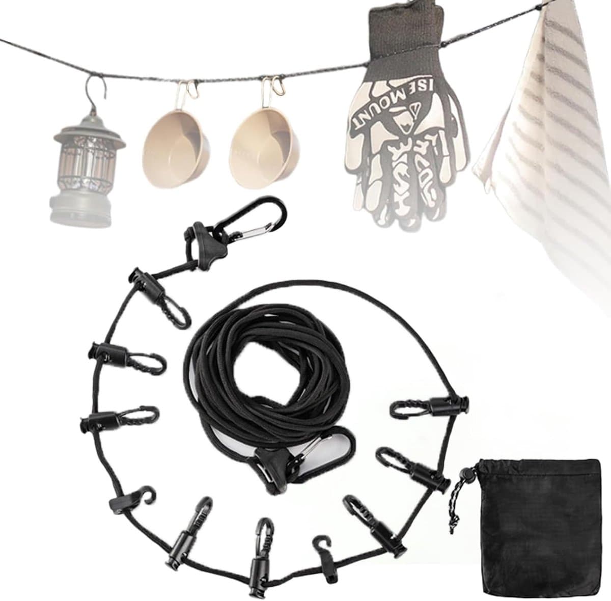 VVGoods - Reiswaslijn met haken voor camping, badkamer, bijkeuken en tuin 5 m - Handige accessoires voor het ophangen van campinguitrusting (zwart) — afbeelding 1
