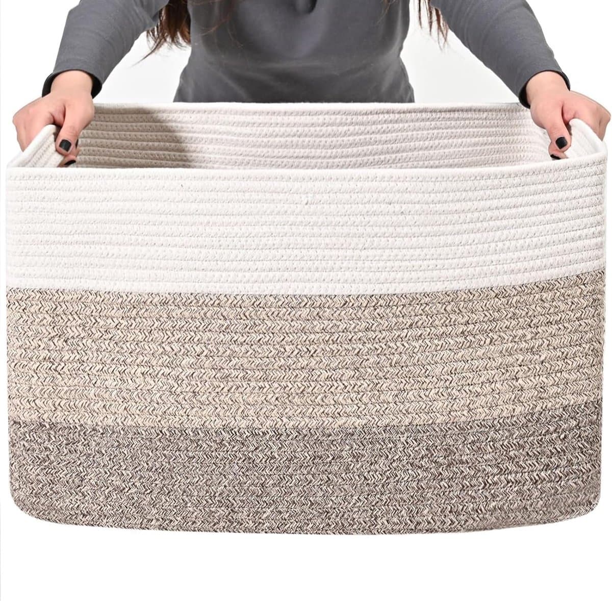 Wasmand groot formaat 55x43x30 cm - Gevlochten katoenen touw opbergmand - Storage basket voor dekens, babyspeelgoed en kleding - Past in badkamer, babykamer, slaapkamer en woonkamer — afbeelding 1