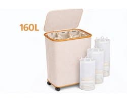 DutchHome Wasmand 3 Vakken 160L met Wielen en Deksel - Wassorteerder Beige