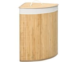 Bamboe Wasmand Hoek 38x38x57cm Natuurlijke Houtkleur 55L met Deksel Uitneembare Zak Ventilatiegaten voor Slaapkamer Badkamer Wasruimte