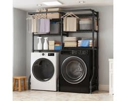 Extra Groot 6-Laags Opbergrek voor Bovenop Wasmachine – Dubbele Kolom, Verstelbare Planken, Robuust Stalen Organizer voor Wasruimte – Staande Plank