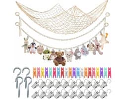 Dailygoods- Opbergnet Bohemian Macramé - Hangende Opberger - Opberg Etui - Knuffels - Decoratie - 40 Clips - 2 m Pluche Dier - Opbergnetten
