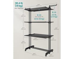 SONGMICS - Groot droogrek - opvouwbaar - 4-laags - 63,5 x 125,5 x 173 cm - zwart