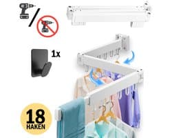 PLAY IT Wanddroogrek 127cm Inklapbaar 18 Haken Wit - Wasrek/Droogrek Hangend + 1 Handdoek Haakje — afbeelding 1