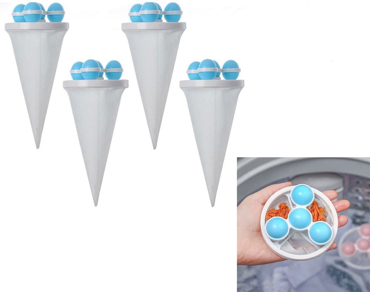 4-Stuks Wasmachinehaarverwijderaar - Wasmachinefilterzak - Drijvend pluizenfilter - Haarverzamelaar - Waspluizenzak - Herbruikbaar - Geschikt voor het reinigen van kleding, knuffels en autostoelkussens - Blauw — afbeelding 1