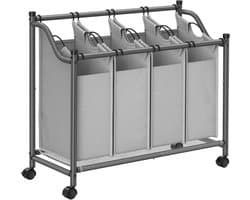 Wasmandsorteerder op wieltjes Wasverzamelwagen met 4 afneembare zakken 4 x 35 liter Voor wasruimte, slaapkamer, badkamer 87,5 x 38,5 x (67 - 81) cm Grijs