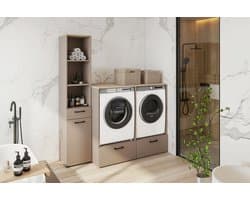 Trendmeubel - Wasmachine droger ombouw en kast met wasmand- 132 cm - Beige