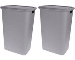 Storage Solutions Wasmand - 2x stuks - rotan - met deksel - grijs - 60 liter - 33 x 44 x 60 cm - gevlochten kunststof