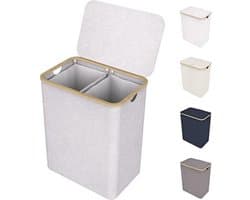 Dubbele wasmand met deksel en afneembare waszakken - XXL 150 L - Beige - 2 secties - Wassorteerder met 2 compartimenten - Bamboe