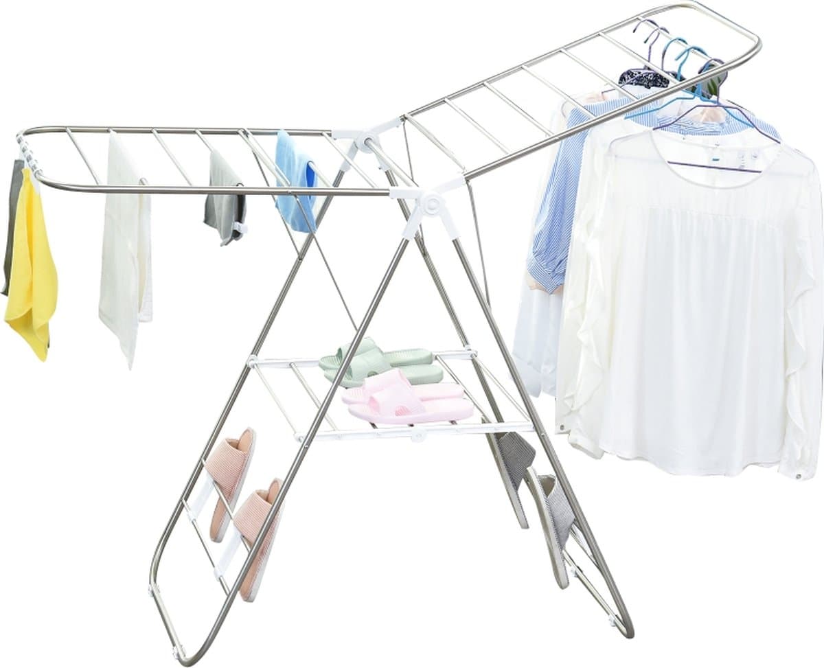 Wasrek inklapbaar - Wasrek staand - 3-Traps vleugel droogrek - Roestvrij staal - 146 x 60,5 x 98 cm — afbeelding 1