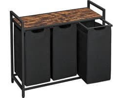 MKSS® Wasmand 3 Vakken - Wassorteerder - Wasmand met Deksel - Zwart met Hout