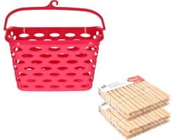 Wasknijpers ophangmandje met haak - fuchsia - en 96x houten wasknijpers van Sorbo - was ophangen