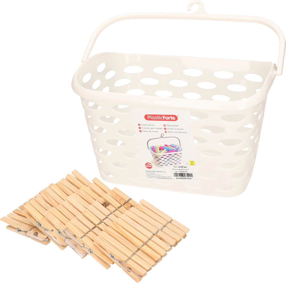 Wasknijpersmandje met haak - creme wit - en 100x houten wasknijpers 7 cm - was ophangen — afbeelding 1