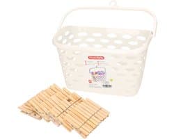 Wasknijpersmandje met haak - creme wit - en 100x houten wasknijpers 7 cm - was ophangen