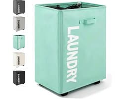 Wasmand met Wieltjes 65L Opvouwbare mobiele wasmand met 4 wielen Opvouwbare Wasverzamelaar Oxford Vuile Kleren Opbergmand Inklapbare Wasmand, Geschikt voor Kleding, Dekens (Lichtblauw)