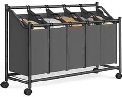 SONGMICS Wasmand met Wielen, Wasmand met 5 Uitneembare Waszakken, Waswagen, voor Wasruimte, Slaapkamer, Badkamer, 5 x 35 L, Leisteengrijs