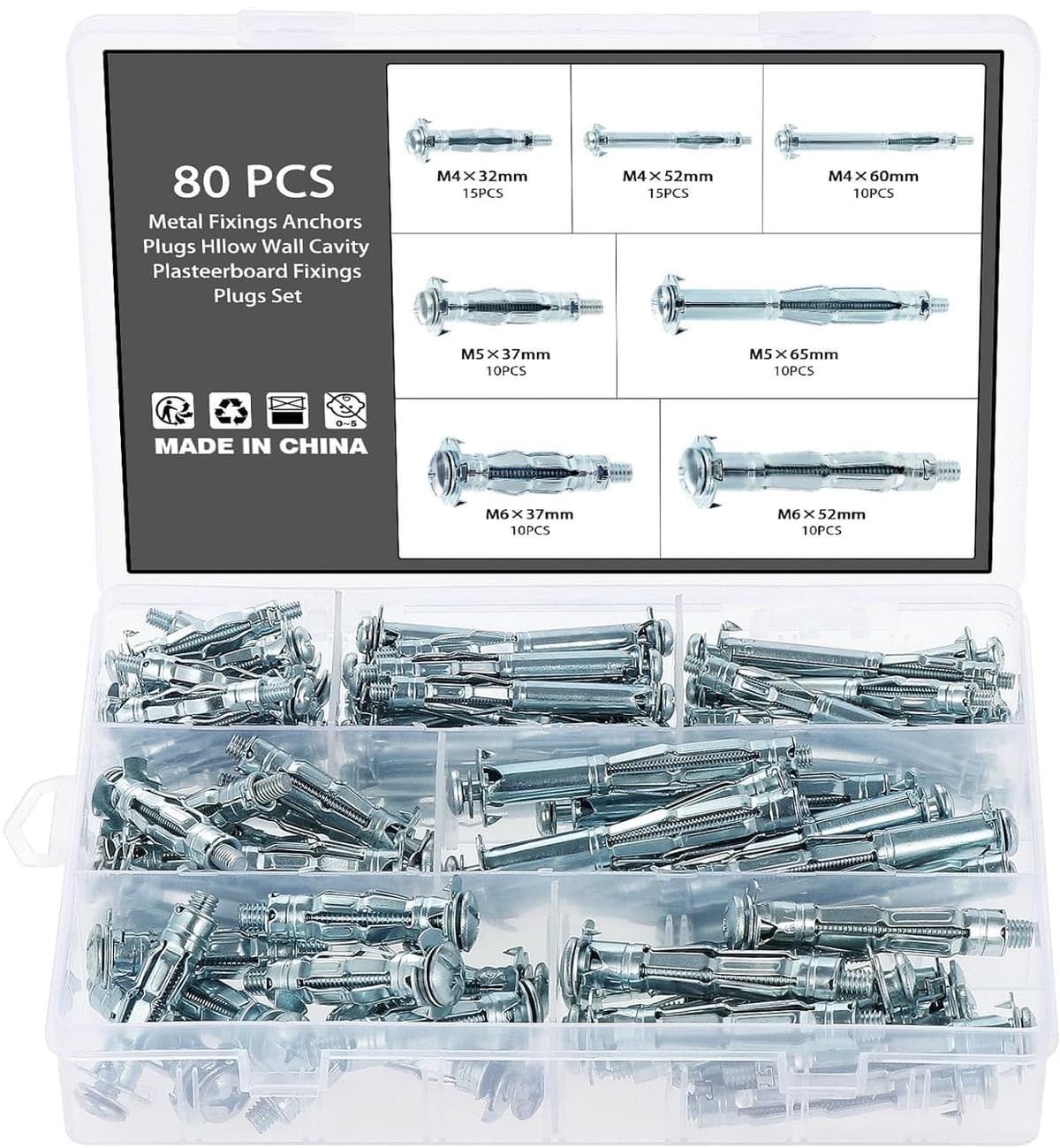 80 Stuks Metalen Holte Pluggen Met Schroef, Spreidpluggen Voor Holle Ruimte, Pluggen Met Binnendraad — afbeelding 1