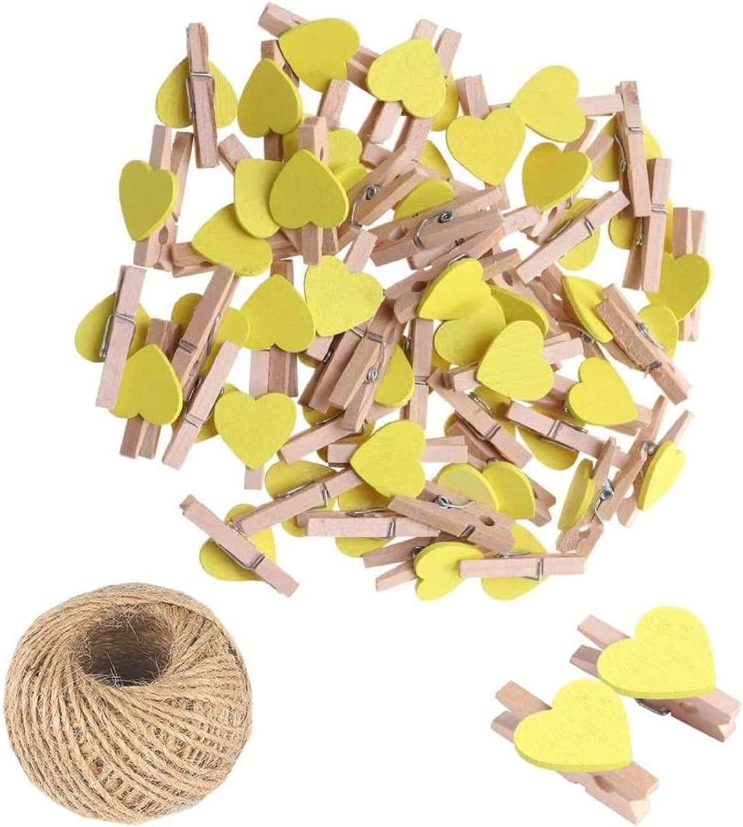 Houten Hart Knijpers - Mini Clips - Foto's Ophangen - Milieuvriendelijk Materiaal - 100 Stuks - Geel — afbeelding 1