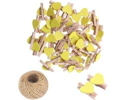 Houten Hart Knijpers - Mini Clips - Foto's Ophangen - Milieuvriendelijk Materiaal - 100 Stuks - Geel