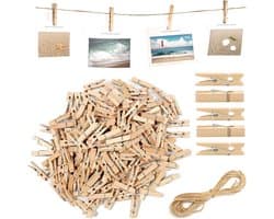 150 mini houten knijpers 3,5 cm met 10 m jute koord - kleine wasknijpers voor foto's, ansichtkaarten en creatieve decoratie ideeën