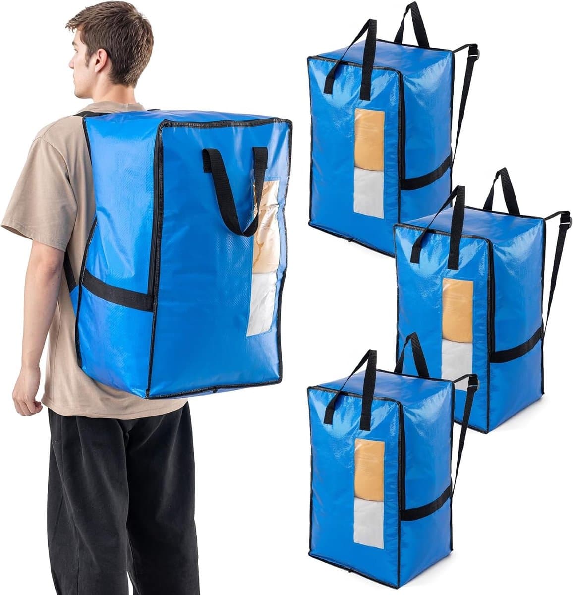 Verticale Verhuiszakken met Sterke Handvatten en Ritsen - Ideaal voor Kledingopslag, Waszakken en Reizen (Blauw, 4 Stuks) — afbeelding 1
