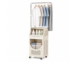 Noventra - Wasmand - met Kledingrek - Wasmand met Rek - Opvouwbare Wasmand - Waswagen met Wielen - Wasgoed Organizer - 3-Laags - Crème