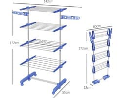 Homcom 4-Level Opvouwbare Verticale Waslijn met 6 Wielen Blauw – waslijn – wanddroogrek – waslijndraad – waslijndraad met stalen kern