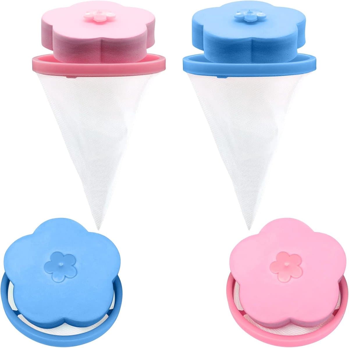 4 stuks - Filterzakken voor wasmachines - Huisdierhaar Vanger - wasmachinenetzak - pluizenvanger - wasmachine haarvanger - voor honden en katten - herbruikbare - huishoudelijke haarfilter - wasmachine pluizenvanger netzak - blauw en roze — afbeelding 1