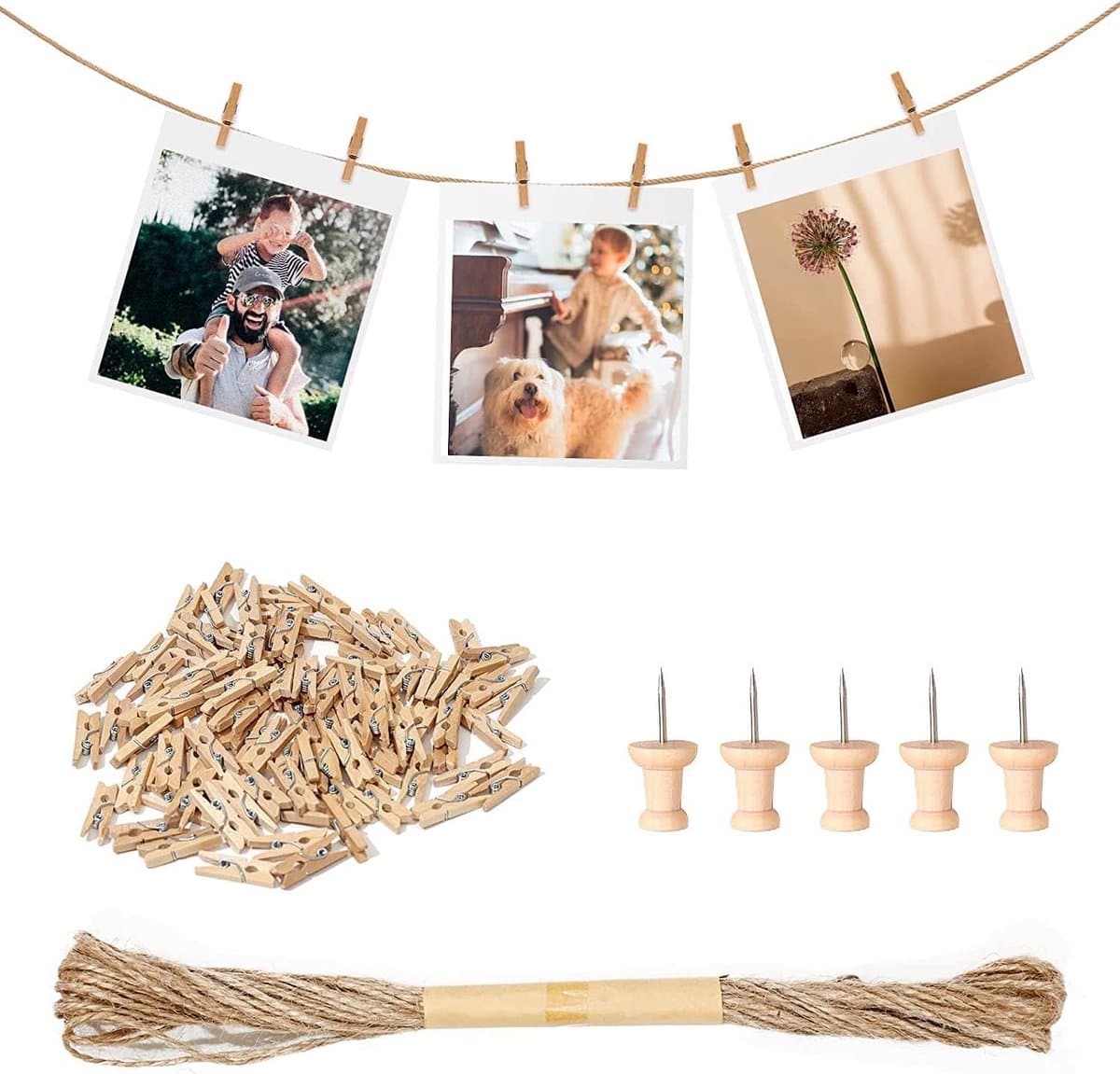 156 Houten Wasknijpers Set met Jute Touw en Spijkers voor Foto Decoratie — afbeelding 1