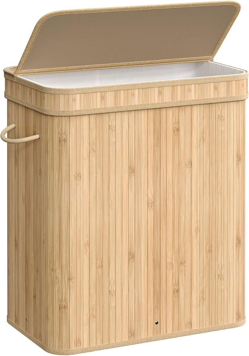 MAZAZU Wasmand Bamboe - Luxe Wasmand met Afneembare & Wasbare Linnen Zak - 100L - Beige - 54,5x34,5x61cm — afbeelding 1