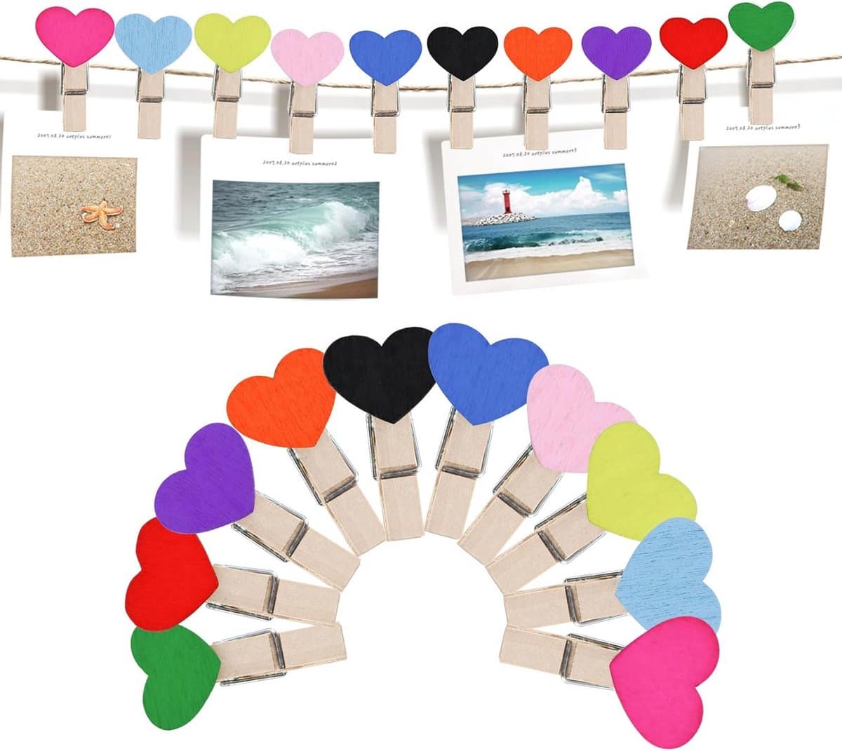 Set van 20 Hartvormige Mini Houten Knijpers met Jute Touw voor Foto's en Decoratie — afbeelding 1