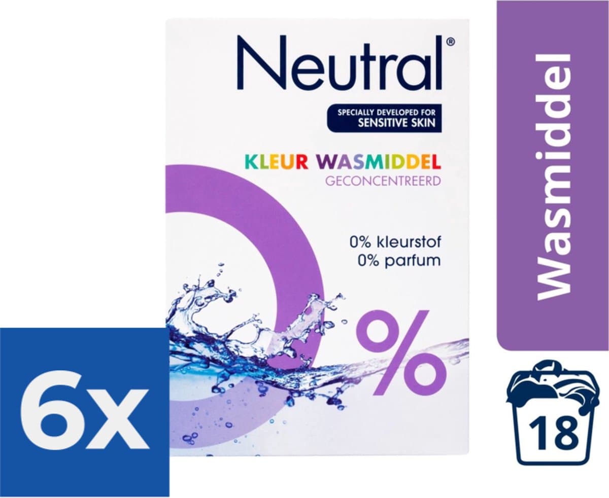 Neutral 0% Kleur Parfumvrij Waspoeder - 18 wasbeurten - 1-188 kg - Wasmiddel - Voordeelverpakking 6 stuks — afbeelding 1