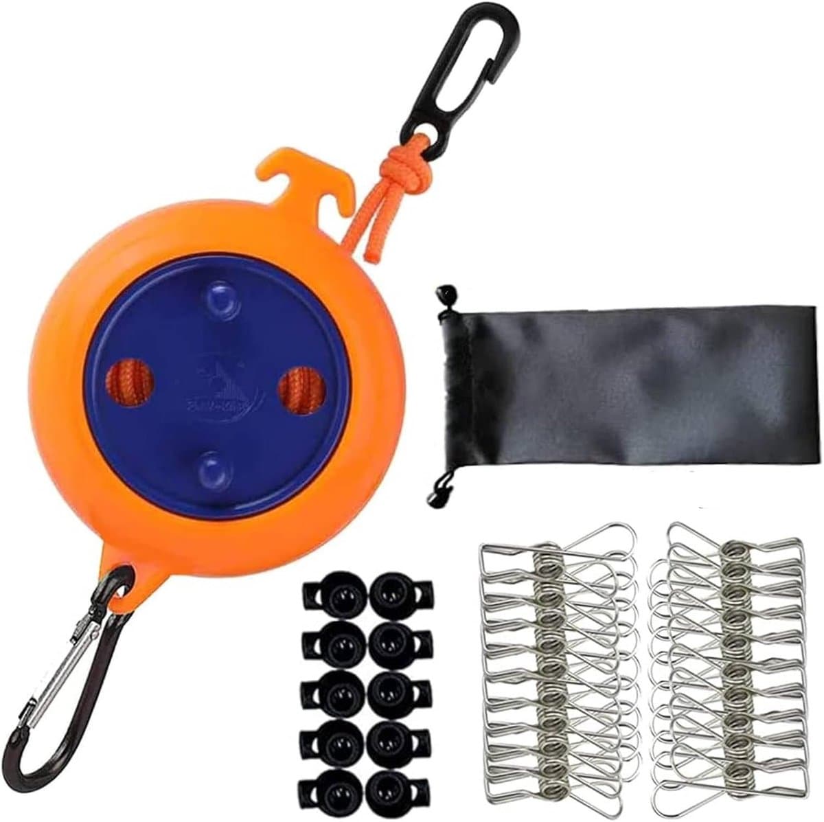 Intrekbare Waslijn - Verstelbare kampeerwaslijn - Draagbare reiswaslijn - Elastische waslijn - Voor buiten/binnen, kamperen, achtertuin, hotel - Met 20 winddichte wasknijpers, 10 stoppers - Oranje, donkerblauw - 32ft/10m — afbeelding 1