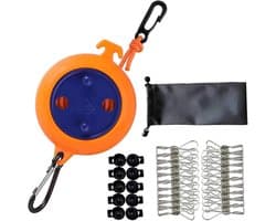 Intrekbare Waslijn - Verstelbare kampeerwaslijn - Draagbare reiswaslijn - Elastische waslijn - Voor buiten/binnen, kamperen, achtertuin, hotel - Met 20 winddichte wasknijpers, 10 stoppers - Oranje, donkerblauw - 32ft/10m — afbeelding 1
