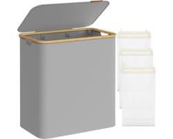 SONGMICS Wasmand met 3 vakken, 150 l, wasmand met deksel, opvouwbaar, afneembare waszak, Oxford stof, bamboe handvatten, 60 x 38,5 x 70,5 cm, duifgrijs