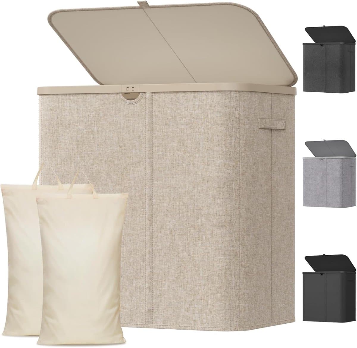 Wasmand met Deksel - Beige - Verwijderbare Zakken - Waterafstotend - Voor Waskamer en Slaapkamer — afbeelding 1