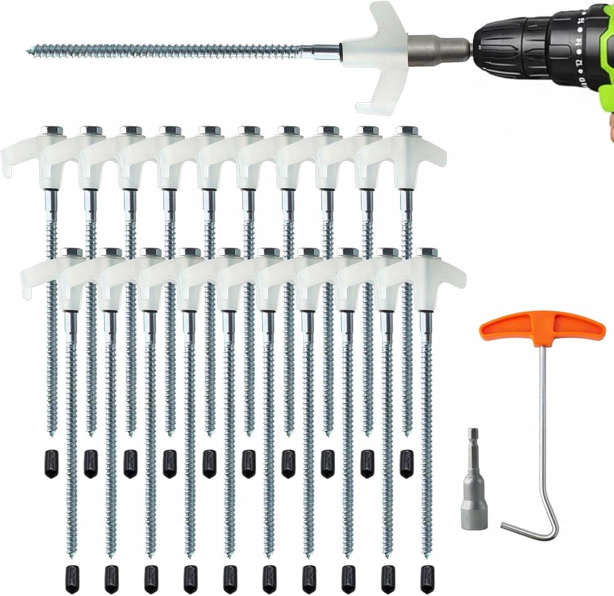 Verpakking 20 schroefbare tentgrondankers 20cm met booradapter – geschikt voor luifels, tuinhuisjes en buitenoverkappingen — afbeelding 1
