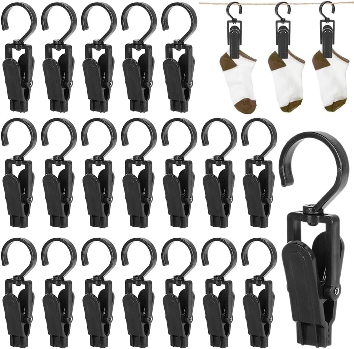 20 Zwarte Knijpers met 360째 Draaibare Haak, Draagbare Knijperhanger, voor Kleding, Handdoek, Sokken, Jeans — afbeelding 1