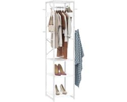 Kledingrek met Stang en 2 Open Planken, Hout en Staal, 38,5x30x170 cm, Wit en Houtkleur