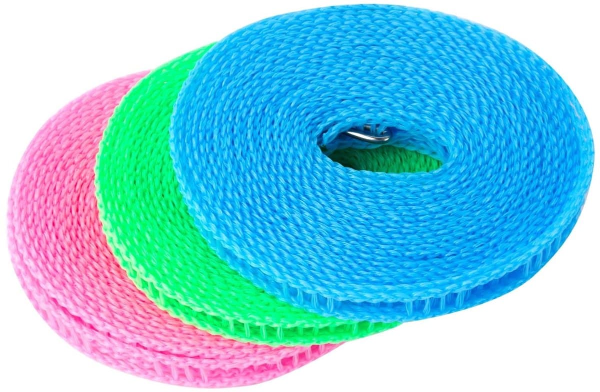 Dailygoody - Kleding drogen touw - Winddicht - Draagbare waslijn - 3 rollen 5 meter - Antislip - Geschikt voor binnen en buiten - Blauw, Roze, Gr — afbeelding 1