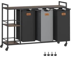 FurnStar Wasmand 3 Vakken – Wassorteerder 150L met Rollen en Planken – Afneembare Waszakken – 6 Etiketten – 117 x 33 x 80,5 cm – Kastanjebruin - Inktzwart & Duifgrijs — afbeelding 1