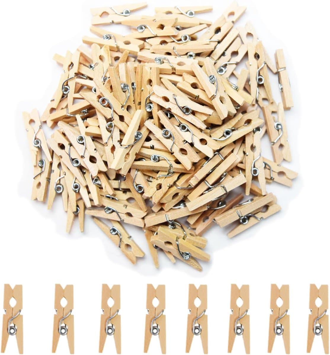 100 mini-kledingclips - Kledingclips van hout - 2,5 x 0,3 cm - Mini-fotoclips - Kleine kledingclips - Geschikt voor woondecoratie, knutselwerk, wanddecoratie, het bevestigen van foto's en als paperclip. — afbeelding 1