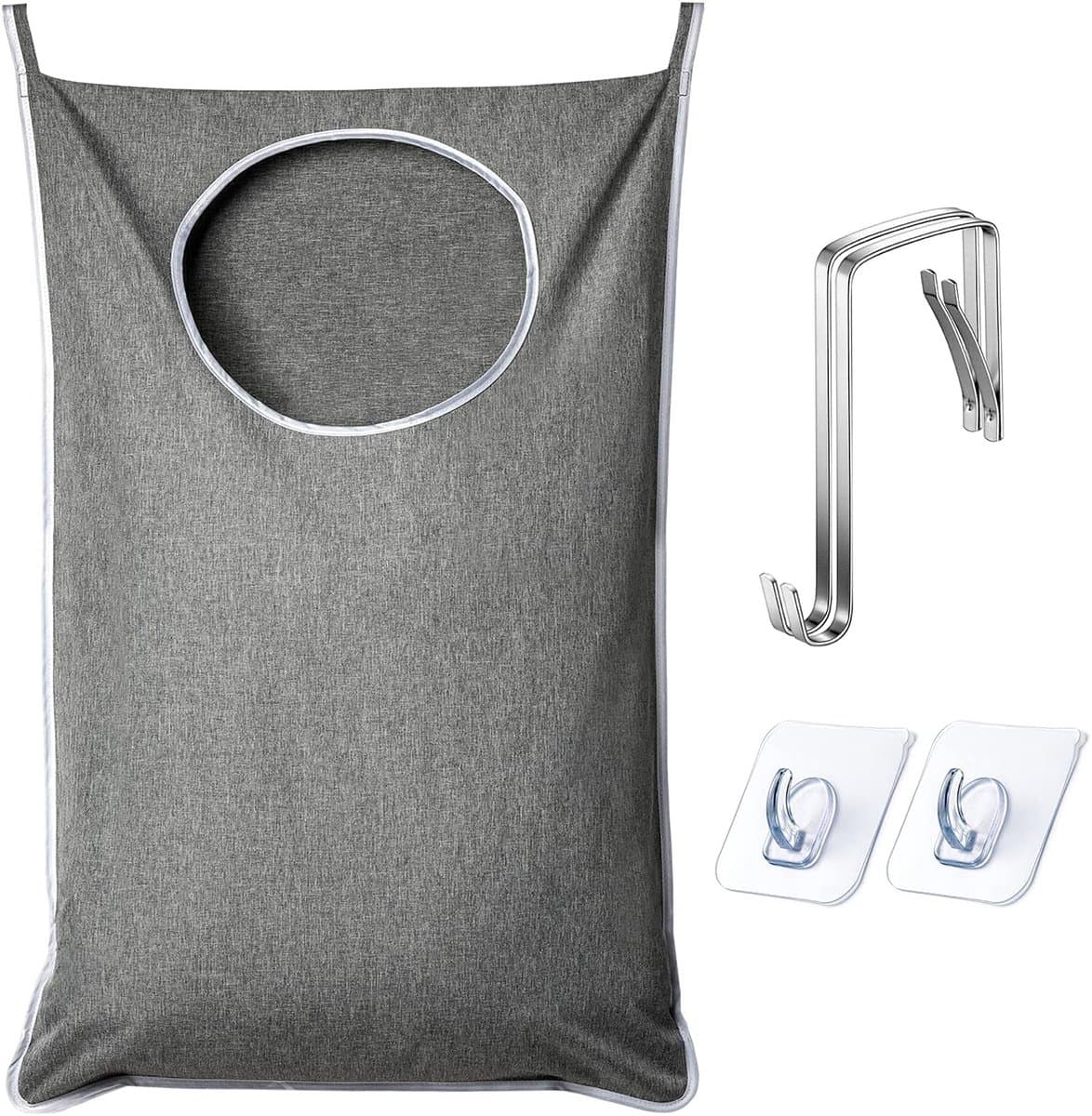 Hangende wasmand - Extra grote scheurbestendige deurmand - Wordt geleverd met 2 haken - Hang vuile was op - Bespaart ruimte in de badkamer Hangende waszak - Grijs — afbeelding 1